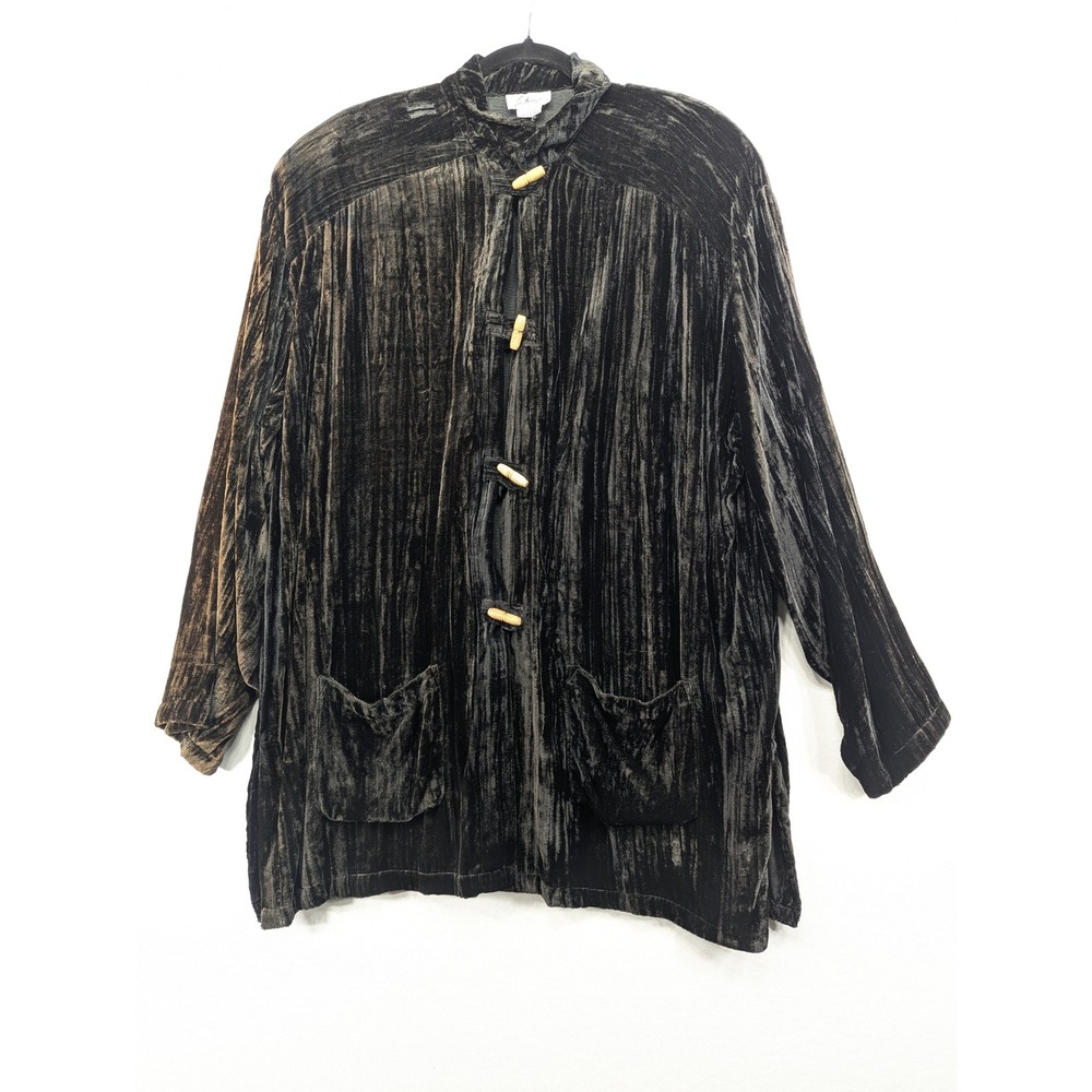Le Mieux Vintage Crushed Velvet Toggle Jacket Black Grey 1X Boho Art to Wear